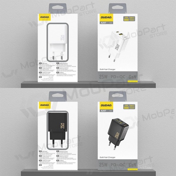 Cargador de teléfono Dudao A26T 25 W GaN USB-C + USB-A blanco