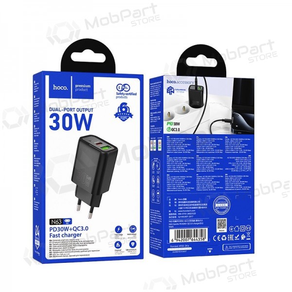 Cargador de teléfono Hoco N63 30 W GaN USB-C + USB-A negro