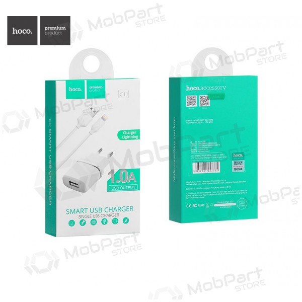 Cargador HOCO C11 Smart USB + lightning (5V 1A) (blanco)