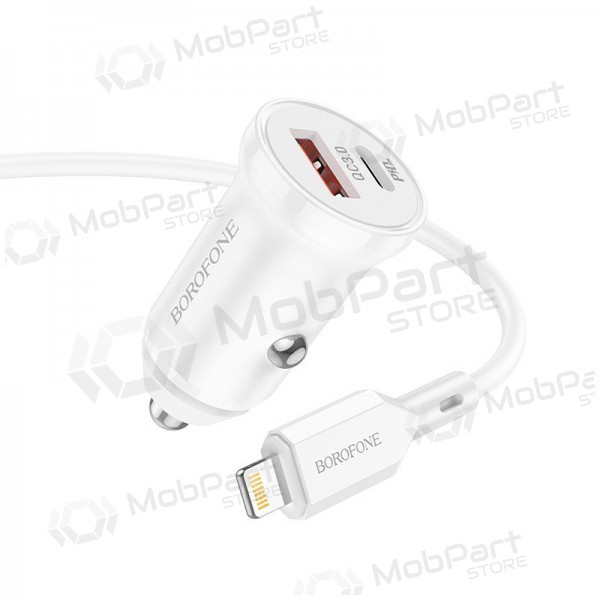 Cargador automobilinis Borofone BZ18A USB-A/Type-C PD20W+QC3.0 + Lightning (blanco)