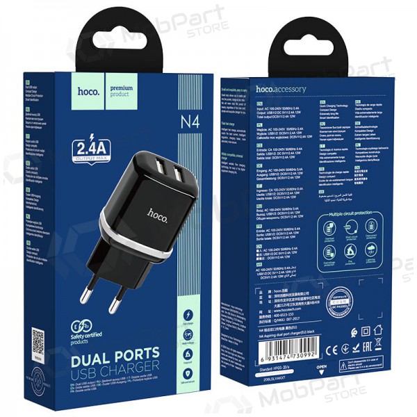 Cargador Hoco N4 x 2 USB  jungtimis (2.4A) (negro)