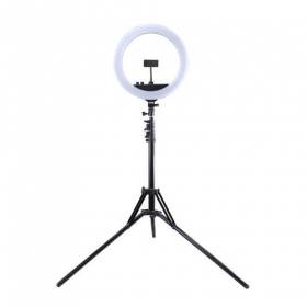 LED žiedinė lámpara 34.5cm, su trikoju stovu iki 1.85m, veidrodžiu y telefono laikikliu, USB