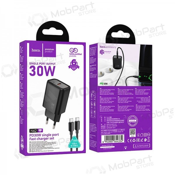 Cargador de teléfono Hoco N62 GaN USB-C con cable USB-C de 1 m negro