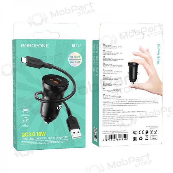 Cargador automobilinis Borofone BZ18 Quick Charge 3.0 18W + MicroUSB (negro)