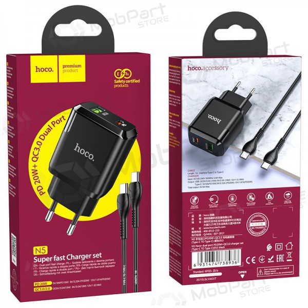 Cargador Hoco N5 USB Quick Charge 3.0 + PD 20W (3.1A) + Type-C-Type-C (negro)