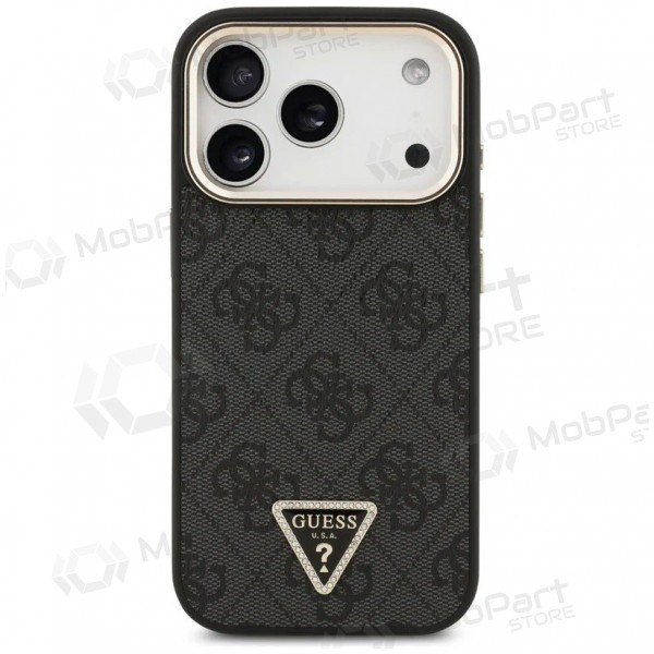 Funda para Apple iPhone 17 Pro Max -Guess PU Leather 4G Strass Triangle Logo Gold Frame MagSafe- (negra)