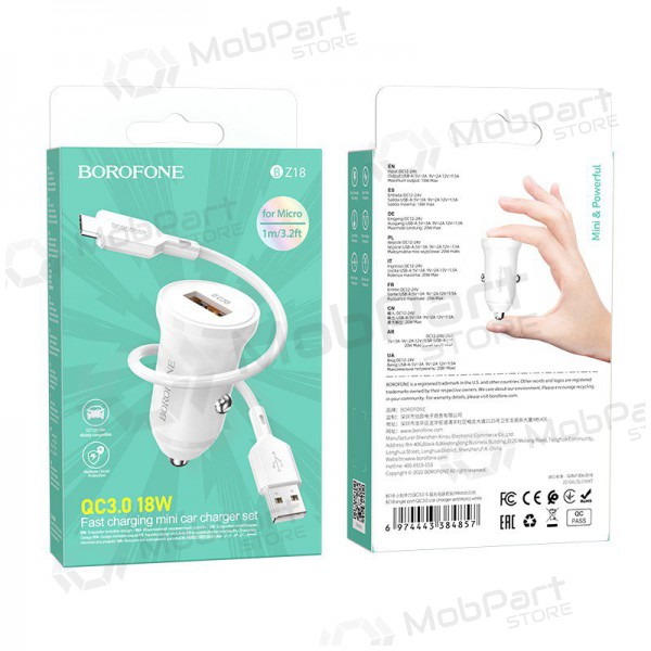 Cargador automobilinis Borofone BZ18 Quick Charge 3.0 18W + MicroUSB (blanco)