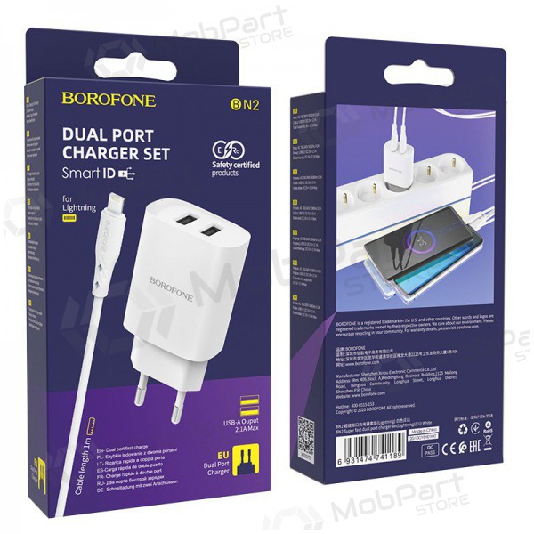 Cargador Borofone BN2 2xUSB 2.1A + Lightning (blanco)