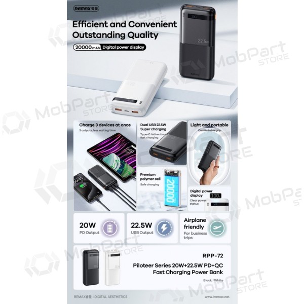 Batería externa Power Bank Remax RPP-72 22.5W 20000mAh negro