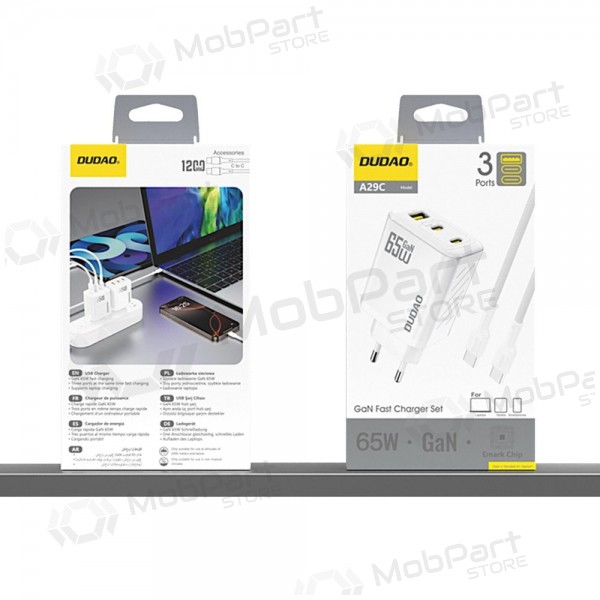 Cargador de teléfono Dudao A28PC 45 W GaN 2x USB-C con cable USB-C de 1 m negro