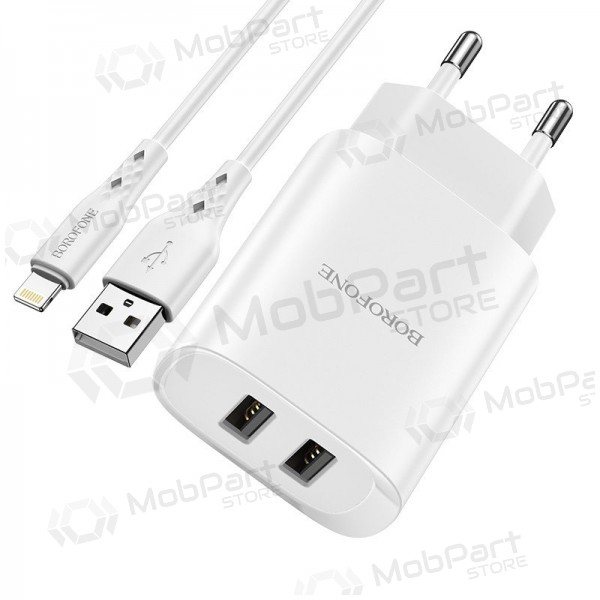 Cargador Borofone BN2 2xUSB 2.1A + Lightning (blanco)