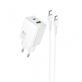 Cargador de teléfono Hoco N71 30 W GaN USB-C + USB-A con cable USB-C de 1 m blanco