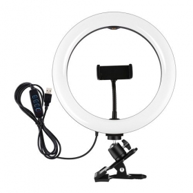 LED žiedinė lámpara 26cm, su telefono laikikliu y spaustuku, USB