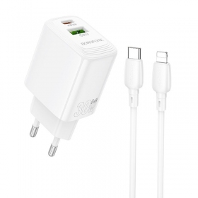 Cargador Borofone BN29 30W USB-C/USB-A + USB-C to Lightning cable 1.0m blanco