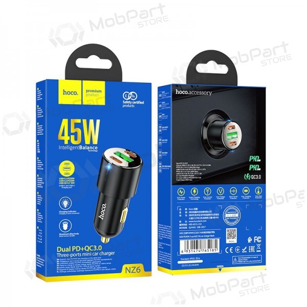 Cargador de coche Hoco NZ6 45 W PD 2x USB-C + USB-A negro