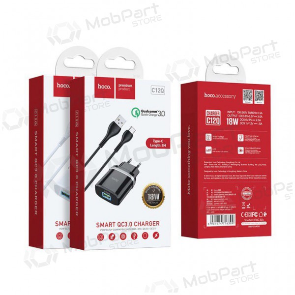 Cargador HOCO C12Q Smart USB + type-C cable (QC3.0) (blanco)