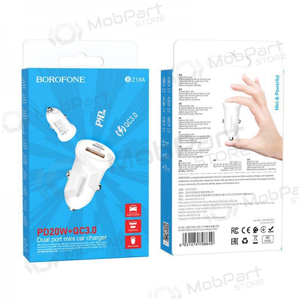 Cargador automobilinis Borofone BZ18A USB-A/Type-C PD20W+QC3.0 (blanco)