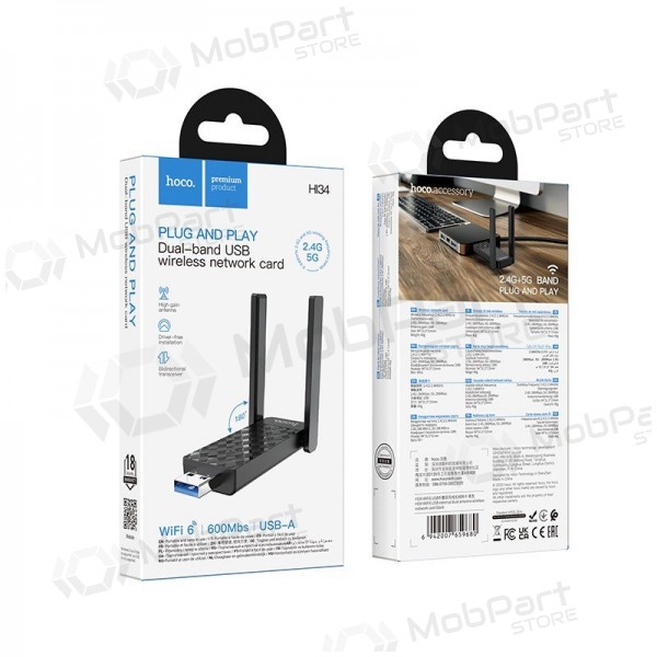 Adaptador USB Wi-Fi Hoco HI34 USB 3.0 Wi-Fi 6 negro