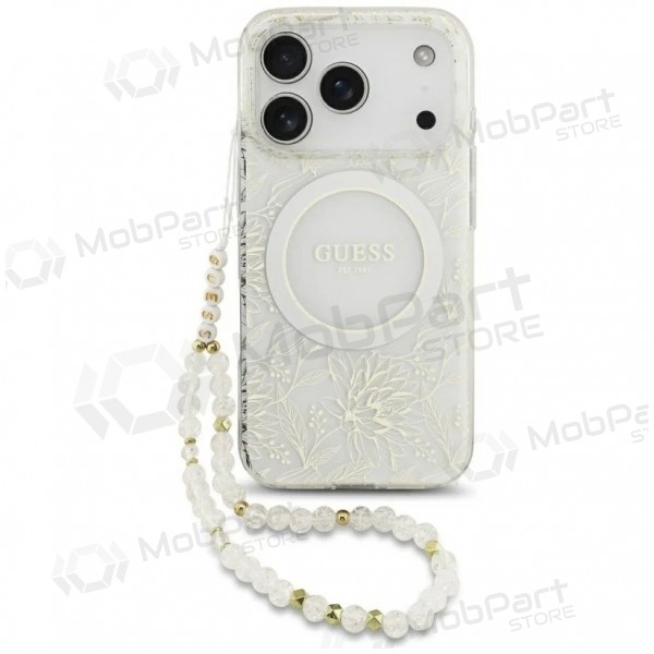Funda para Apple iPhone 18 Pro - Guess IML Flowers Allover Strap MagSafe (blanco)