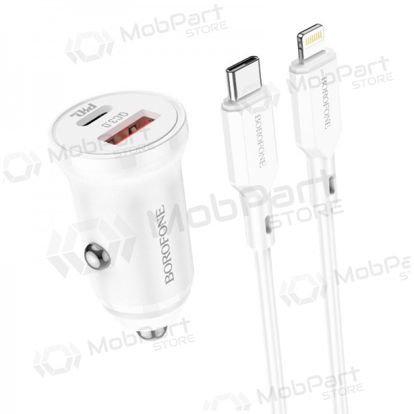 Cargador automobilinis Borofone BZ18A USB-A/Type-C PD20W+QC3.0 + Lightning (blanco)