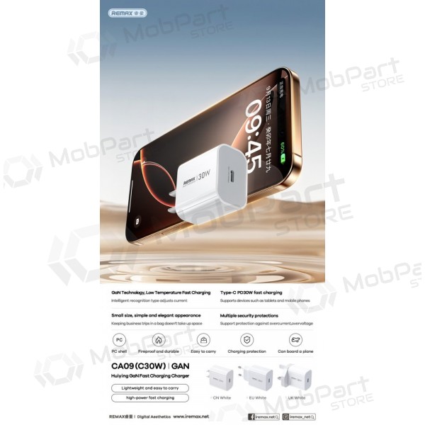 Cargador de teléfono Remax CA09 30 W USB-C blanco