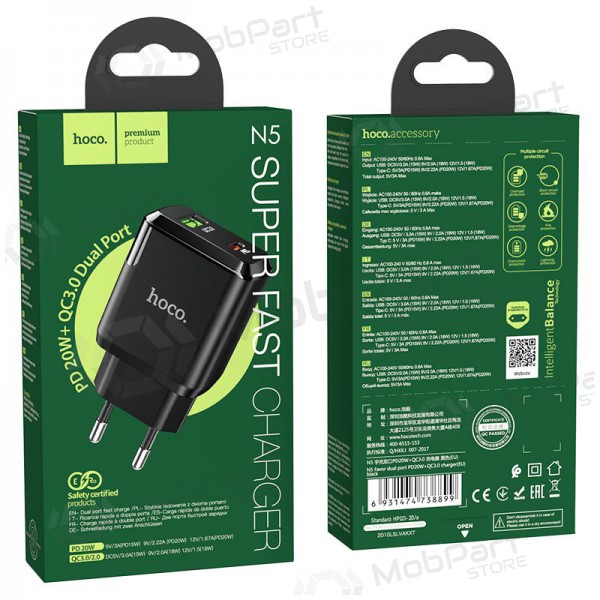 Cargador Hoco N5 USB Quick Charge 3.0 + PD 20W (3.1A) (negro)