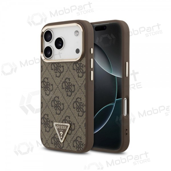 Funda para Apple iPhone 18 Pro - Guess PU Leather 4G Strass Triangle Logo Gold Frame MagSafe (marrón)