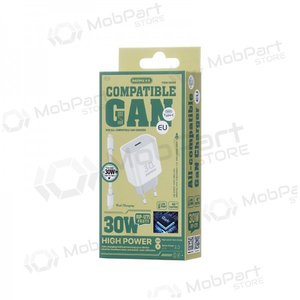 Cargador de teléfono Remax RP-U71 30 W GaN USB-C con cable USB-C de 1 m blanco