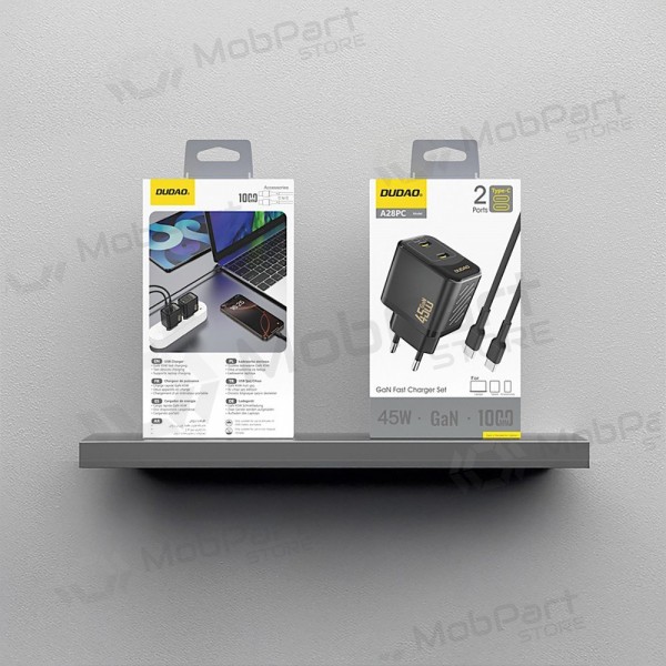 Cargador de teléfono Dudao A28PC 45 W GaN 2x USB-C con cable USB-C de 1 m negro
