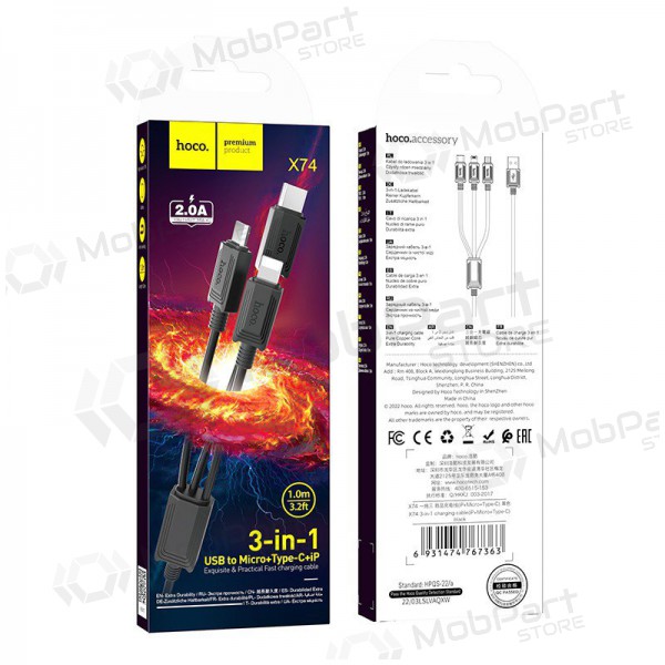 USB cable Hoco X74 3in1 microUSB-Lightning-Type-C 1.0m (negro)