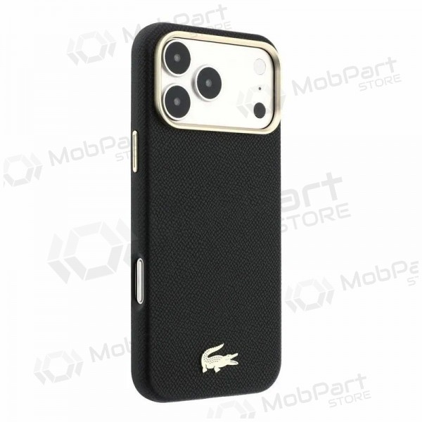 Funda para Apple iPhone 18 Pro - Lacoste PU Leather Champs Elysees Gold Logo MagSafe (negra)