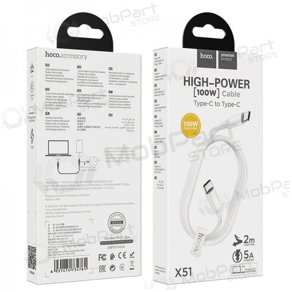 Cable USB Hoco X51 Tipo-C - Tipo-C 20V 5A 100W 1.0m (blanco)