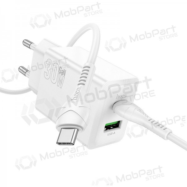 Cargador de teléfono Hoco N71 30 W GaN USB-C + USB-A con cable USB-C de 1 m blanco