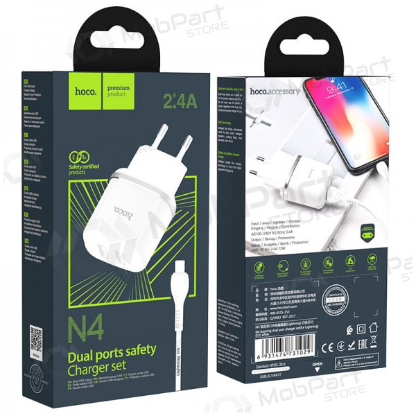 Cargador Hoco N4 X 2 USB  jungtimis + Lightning (2.4A) (blanco)
