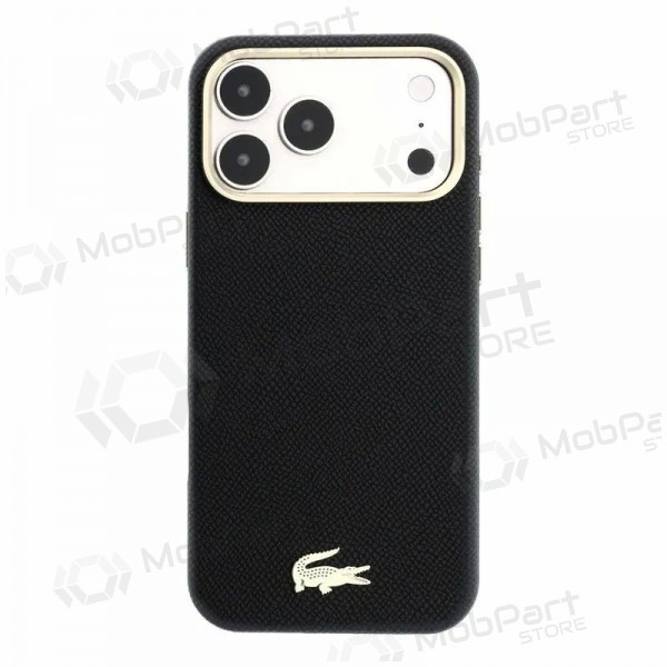 Funda para Apple iPhone 18 Pro - Lacoste PU Leather Champs Elysees Gold Logo MagSafe (negra)