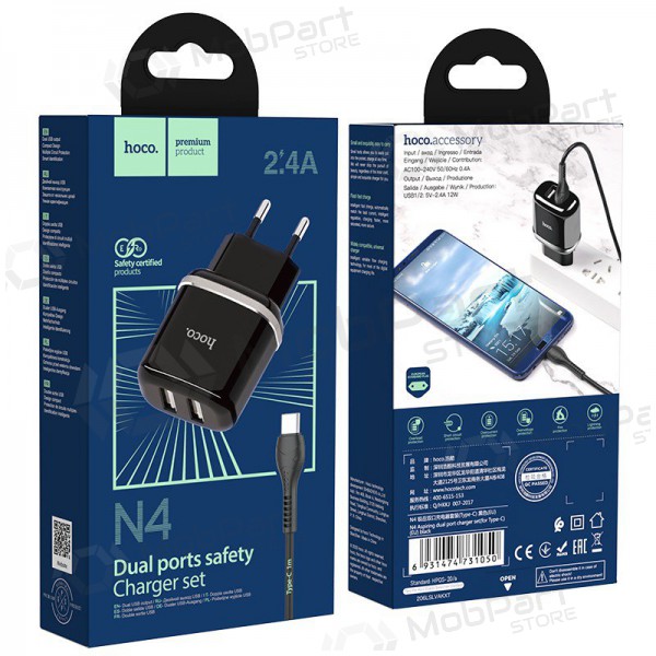 Cargador Hoco N4 + Type-C (2.4A) (negro)