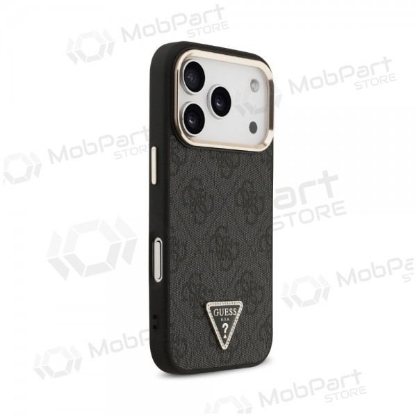 Funda para Apple iPhone 18 Pro Max - Guess PU Leather 4G Strass Triangle Logo Gold Frame MagSafe (negra)