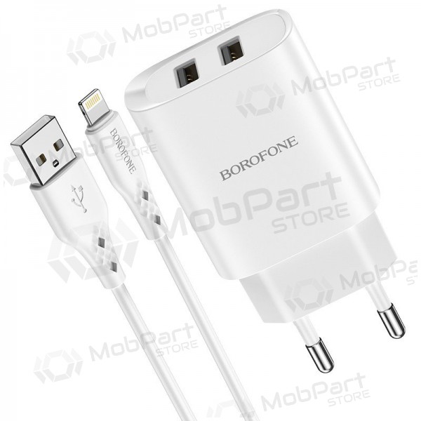 Cargador Borofone BN2 2xUSB 2.1A + Lightning (blanco)