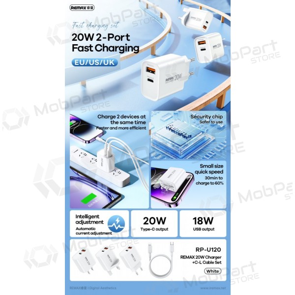 Cargador de teléfono Remax RP-U120 20 W USB-C + USB-A con cable Lightning 1 m blanco