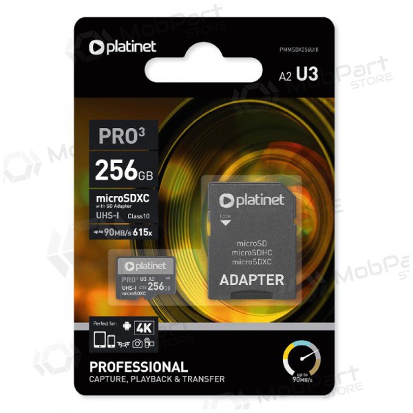 Tarjeta de memoria Platinet MicroSD 256GB (class10 UHS-III 90MB/S) + SD Adaptador