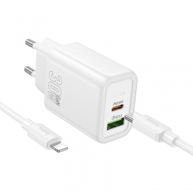 Cargador de teléfono Hoco N63 30 W GaN USB-C + USB-A con cable Lightning de 1 m blanco