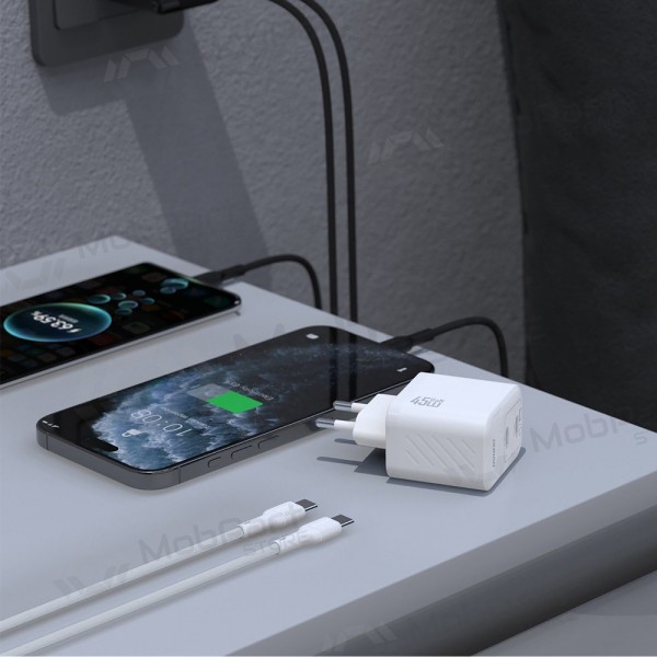 Cargador de teléfono Dudao A28PC 45 W GaN 2x USB-C con cable USB-C de 1 m blanco