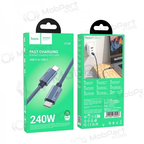Cable USB-C Hoco U134 USB-C a USB-C 1.8 m 240 W negro