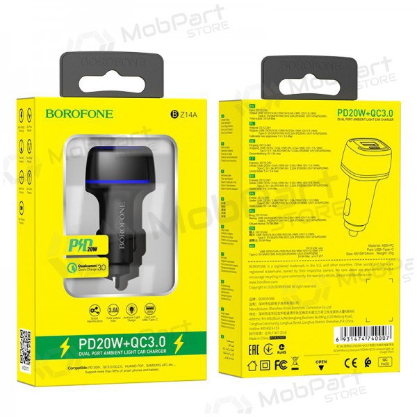 Cargador automobilinis Borofone BZ14A PD20W+QC3.0 x 2 USB (Type-C to Lightning) (negro)