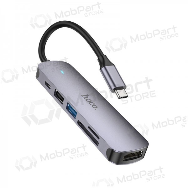 Adaptador USB-C Hoco HB28 USB-C a HDMI + USB 3.0 + USB 2.0 + SD + TF + PD gris