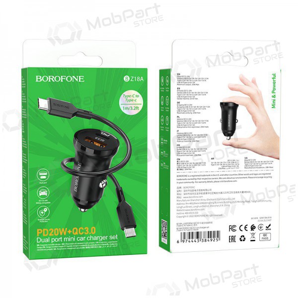 Cargador automobilinis Borofone BZ18A USB-A/Type-C PD20W+QC3.0 + Type-C (negro)
