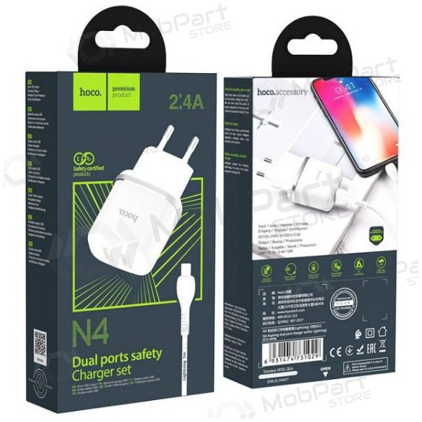 Cargador HOCO N4 Aspiring Dual USB + type-C cable (5V 2.4A) (blanco)