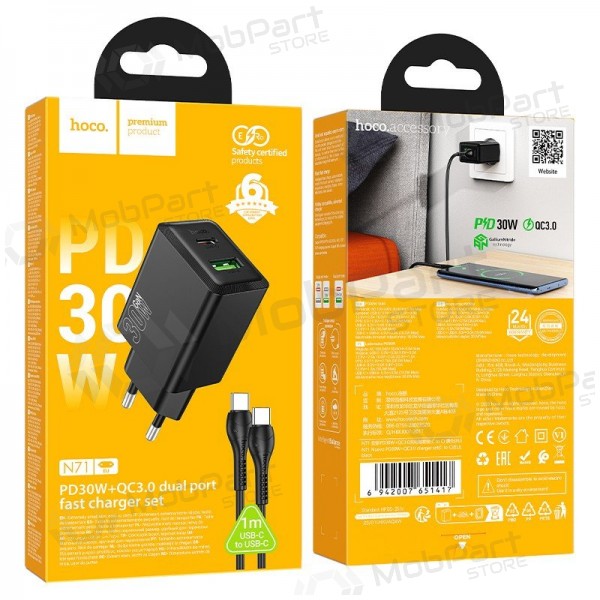 Cargador de teléfono Hoco N71 30 W GaN USB-C + USB-A con cable USB-C de 1 m negro