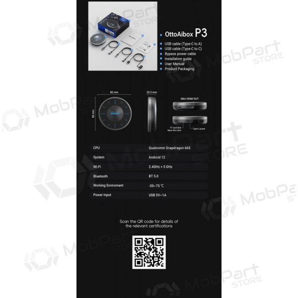 Adaptador inalámbrico CarPlay / Android Auto Ottocast OttoAiBox P3 PCS46 negro