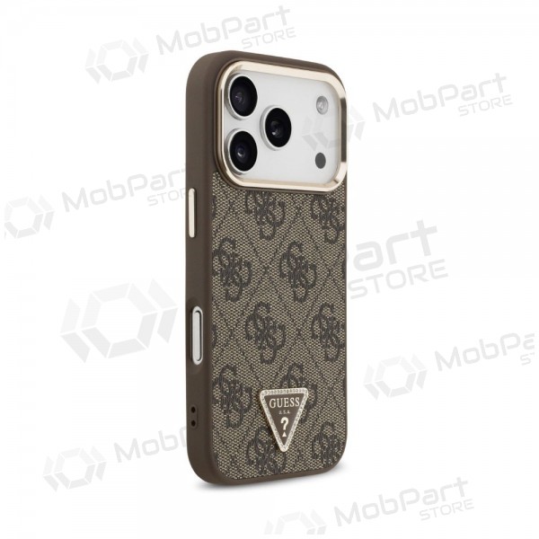 Funda para Apple iPhone 18 Pro Max - Guess PU Leather 4G Strass Triangle Logo Gold Frame MagSafe (marrón)